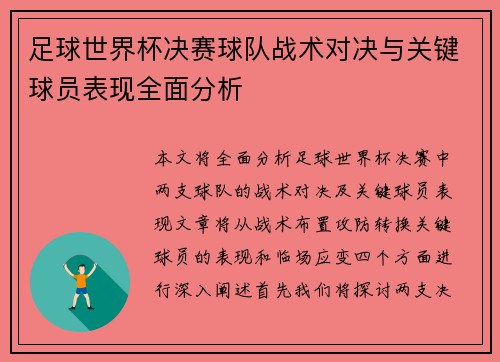 足球世界杯决赛球队战术对决与关键球员表现全面分析